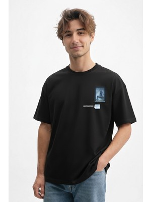 Caddekombin Erkek Özel Tasarım Baskılı 100 Yüz Pamuk Bisiklet Yaka Siyah T-Shirt