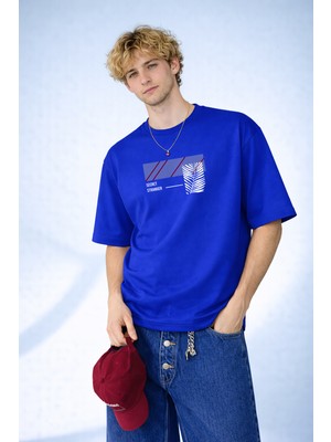 Caddekombin Erkek Secret Yazılı Minimalist Palmiye Baskılı Bisiklet Yaka Saks Mavi T-Shirt