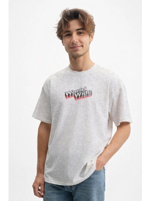 Caddekombin Erkek Retro Pop 3D Efektli Sokak Stili Gri T-Shirt