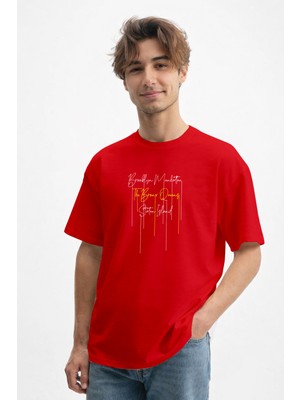 Caddekombin Erkek New York Semtleri Yazı Baskılı Bisiklet Yaka Kırmızı T-Shirt