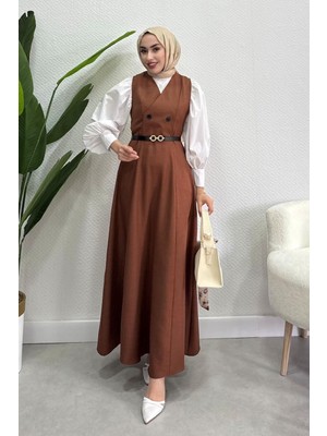 Tesettür Diyarı  Sofya Keten Düğme Detaylı Jile Elbise -Kahverengi