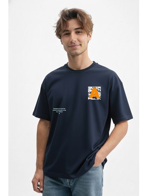 Caddekombin Erkek Baskılı 100 Yüz Pamuk Bisiklet Yaka Lacivert T-Shirt