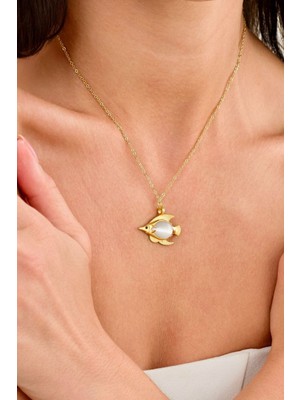 PremiumPort 925 Ayar Gümüş Sedef Balık Kolye, 14K Gold Kaplama, Şık ve Zarif Takı