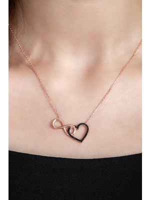 PremiumPort Şık Kadın Gümüş Rose Sonsuzluk ve Kalp Tasarım Kolye