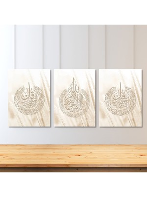 Artarilion Dikey 3'lü Kanvas Tablo Seti Ayetel Kürsi Felak Nas Sureleri Islami Manevi Ev Ofis Hediyesi Tablo