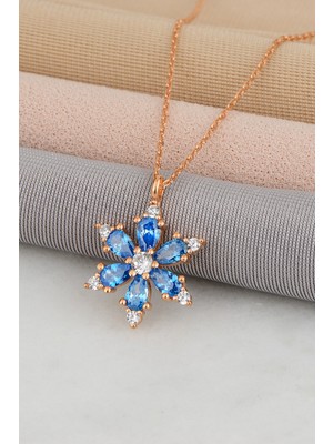 PremiumPort 925 Ayar Gümüş Zincirli Rose Kaplama Akuamarin Taşlı Lotus Kolye