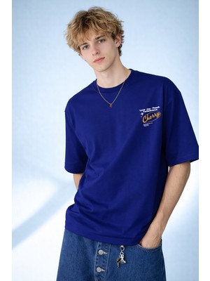 Caddekombin Erkek Cherry Tipografi Baskılı Bisiklet Yaka Lacivert T-Shirt