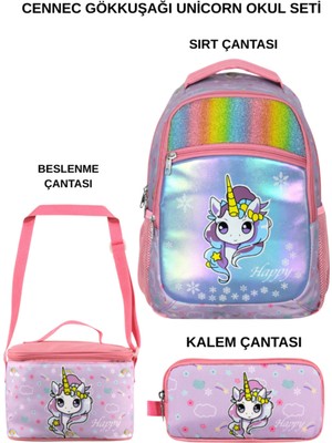 Ümit Çanta Cennec Gökkuşağı Unicorn 3’lü Okul Seti – Sırt Çantası, Beslenme Çantası ve Kalem Kutusu