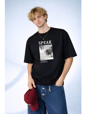 Caddekombin Erkek Speak Summer National Baskılı Palmiye Desenli Bisiklet Yaka Siyah T-Shirt