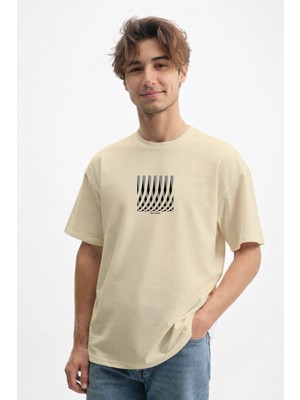 Caddekombin Erkek Geometrik Çizgi Baskılı Bisiklet Yaka Bej T-Shirt