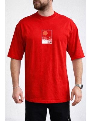 Caddekombin Erkek Yükselen Güneş ve Deniz Dalgalı Kırmızı T-Shirt