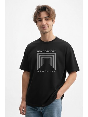 Caddekombin Erkek Geometrik Sonsuzluk Koridoru 100 Yüz Pamuk Siyah T-Shirt