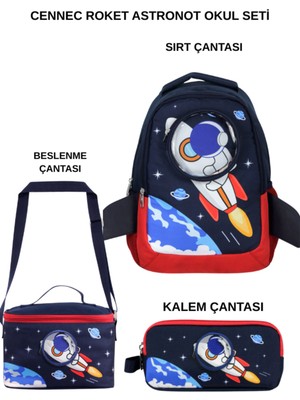 Ümit Çanta Cennec Roket Astronot 3’lü Set – Sırt Çantası, Beslenme Çantası ve Kalem Kutusu