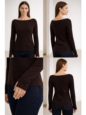 Hayalet Yumuşak Dokulu Pamuk Dokuma Uzun Kol Prenses Kayık Yaka Parmak Geçmeli Body Modal T-Shirt