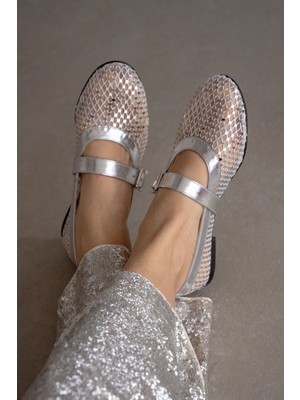 Selin Shoes Argente Örgü Dokulu Tül Detaylı Kadın Babet- Gümüş
