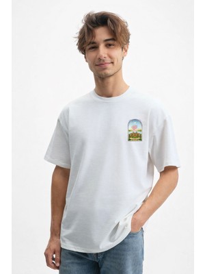Caddekombin Erkek Art Nouveau Pencere Tasarımlı Beyaz T-Shirt