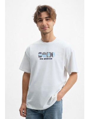 Caddekombin Erkek Soho New York Tasarımlı 100 Yüz Pamuk Beyaz T-Shirt