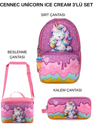 Ümit Çanta Cennec Unicorn Ice Cream Okul Seti - Sırt Çantası, Kalemlik ve Termal Beslenme Çantası