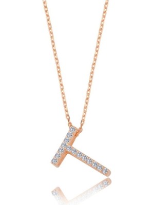 PremiumPort Işıltılı Prizma T Harfi Rose Renk Gümüş Kolye, Şık ve Zarif Takı