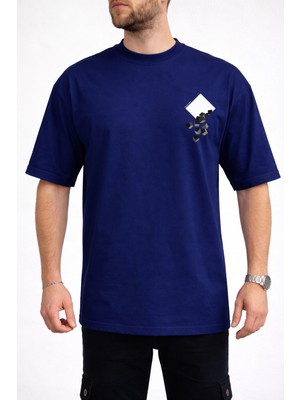 Caddekombin Erkek Kübik Form Detaylı Bisiklet Yaka Lacivert T-Shirt
