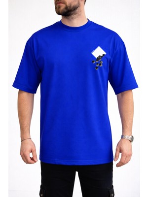 Caddekombin Erkek Kübik Form Detaylı Bisiklet Yaka Saks Mavi T-Shirt