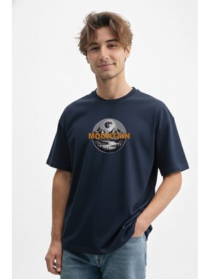 Caddekombin Erkek Ay ve Dağ Temalı 100 Yüz Pamuk Lacivert T-Shirt