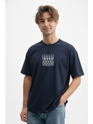 Caddekombin Erkek Geometrik Çizgi Baskılı Bisiklet Yaka Lacivert T-Shirt
