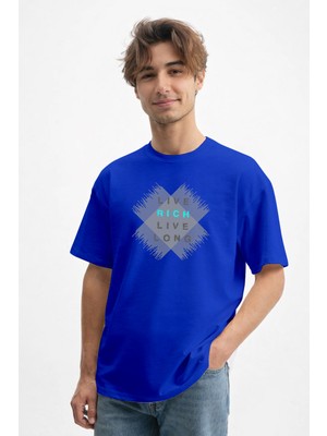 Caddekombin Erkek Live Rich Live Long Yazı Baskılı 100 Yüz Pamuk Saks Mavi T-Shirt