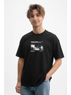 Caddekombin Erkek Soyut Figür Tasarımlı Bisiklet Yaka Siyah T-Shirt