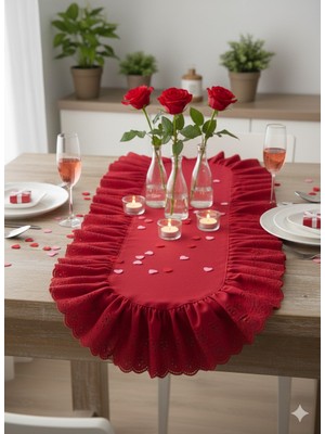 Nurgita Home Fırfırlı Fistolu Vintage Kırmızı Duck Keten Runner &yılbaşı Dekoratif Örtü