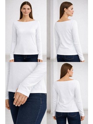 Hayalet Yumuşak Dokulu Pamuk Dokuma Uzun Kol Prenses Kayık Yaka Parmak Geçmeli Body Modal T-Shirt