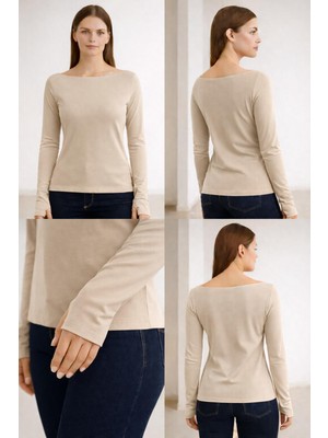 Hayalet Yumuşak Dokulu Pamuk Dokuma Uzun Kol Prenses Kayık Yaka Parmak Geçmeli Body Modal T-Shirt