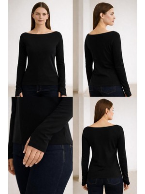 Hayalet Yumuşak Dokulu Pamuk Dokuma Uzun Kol Prenses Kayık Yaka Parmak Geçmeli Body Modal T-Shirt