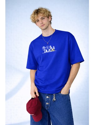 Caddekombin Erkek Bisikletli Grup Çizgisel Grafik Tasarımlı Saks Mavi T-Shirt