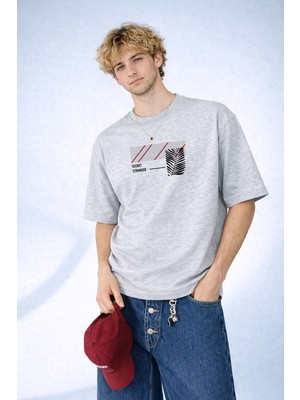 Caddekombin Erkek Secret Yazılı Minimalist Palmiye Baskılı Bisiklet Yaka Gri T-Shirt