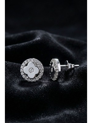 Roza Silver 925 Ayar Gümüş Rodyum Kaplama Zirkon Taşlı Anturaj Yuvarlak Yonca Çivili Küpe