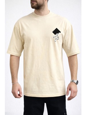 Caddekombin Erkek Kübik Form Detaylı Bisiklet Yaka Bej T-Shirt