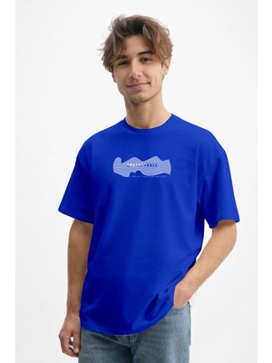 Caddekombin Erkek Hipnotik Çizgi Desenli Bisiklet Yaka Saks Mavi T-Shirt