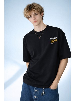 Caddekombin Erkek Cherry Tipografi Baskılı Bisiklet Yaka Siyah T-Shirt