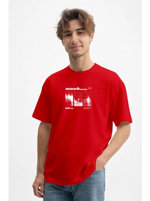 Caddekombin Erkek Soyut Figür Tasarımlı Bisiklet Yaka Kırmızı T-Shirt