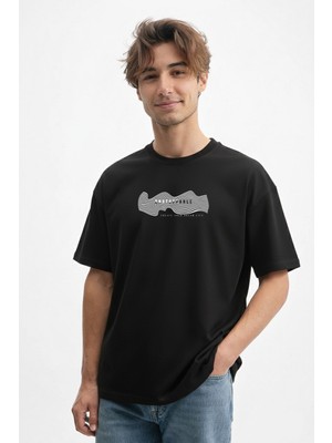 Caddekombin Erkek Hipnotik Çizgi Desenli Bisiklet Yaka Siyah T-Shirt