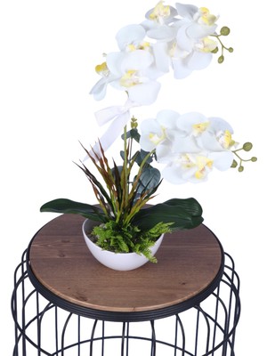 Yapay Çiçek Sitesi Dekoratif Melamin Saksıda Bol Yeşillikli Orkide Tanzimi Beyaz