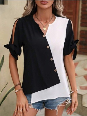 Mareandpanda Kadın Kısa Kollu Kollardan Bağlamalı Önden Asimetrik Kesim Çift Renk Detaylı Düğmeli Ithal Krep Bluz