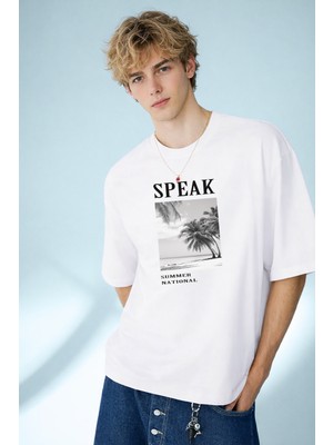 Caddekombin Erkek Speak Summer National Baskılı Palmiye Desenli Bisiklet Yaka Beyaz T-Shirt