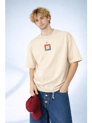 Caddekombin Erkek Life Loop Hi Baskılı Geometrik Desenli Bisiklet Yaka Bej T-Shirt