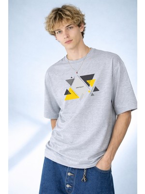 Caddekombin Erkek Abstract Yazılı Geometrik Üçgen Tasarım Bisiklet Yaka Gri T-Shirt