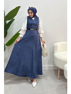 Tesettür Diyarı  Sofya Keten Düğme Detaylı Jile Elbise -Lacivert
