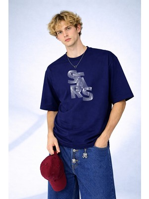 Caddekombin Erkek Stars Yazılı Ip Sanatı Tasarımlı Bisiklet Yaka Lacivert T-Shirt