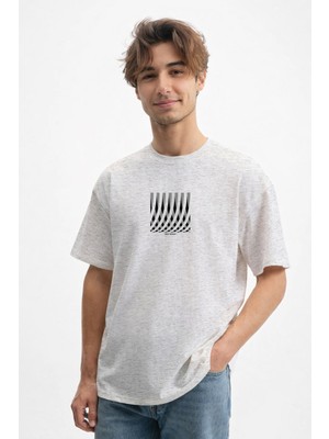 Caddekombin Erkek Geometrik Çizgi Baskılı Bisiklet Yaka Gri T-Shirt