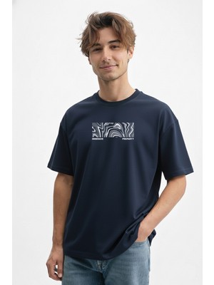 Caddekombin Erkek Soyut Grafik Baskılı 100 Yüz Pamuk Lacivert T-Shirt